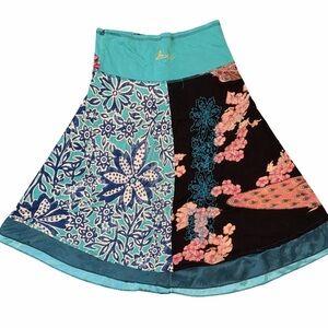 Desigual Patchwork Skirt Blue Teal Floral Boho Stretch Waist A-Line